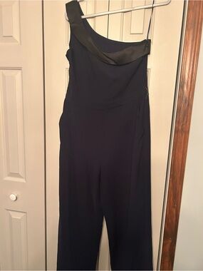 One-Shoulder Navy Satin-Trim Jumpsuit